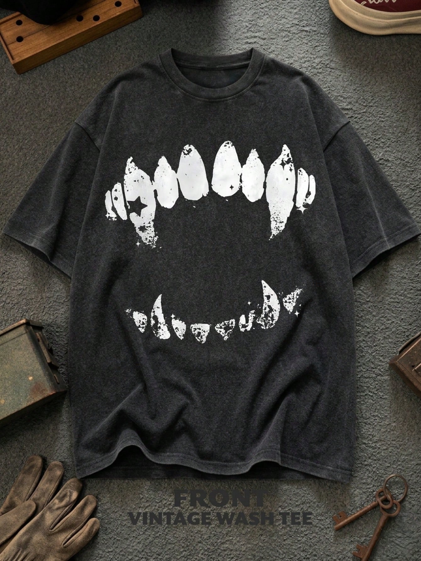 Summer Grunge Clothing - Vintage Washed Monster Fangs Distressed Print