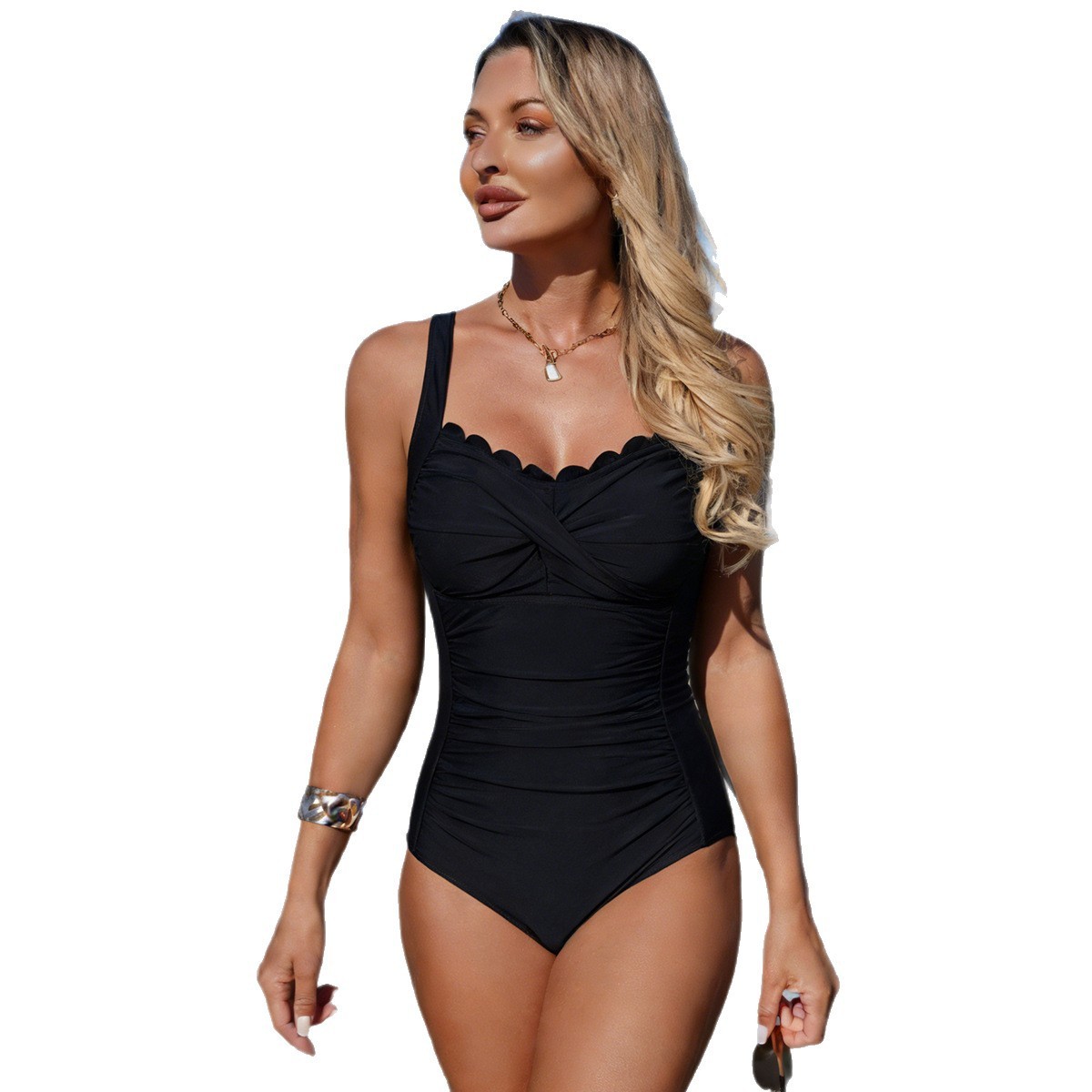 Black Swimsuit Scalloped Neckl - Swimsuit One Piece review and price