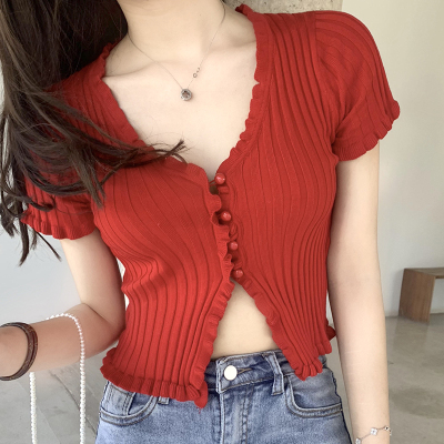 Ruffled Rib Knit Cardigan Shor - Summer Clothing Teens review and price